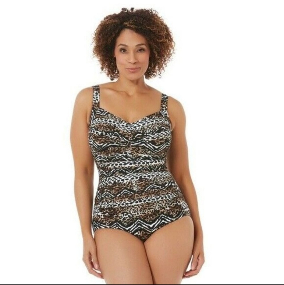 🏖TRIMSHAPER Animal Print Ruched Tummy Control One Piece Swimsuit Size 16